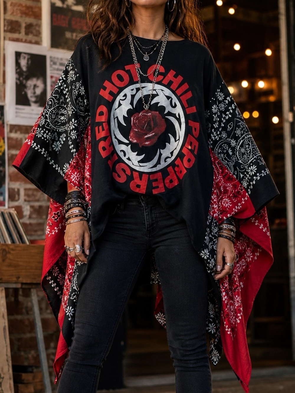 IMPULSIVE DESIGNS Red Hot Chili Peppers Red Black Bandana Boho T-shirt Poncho